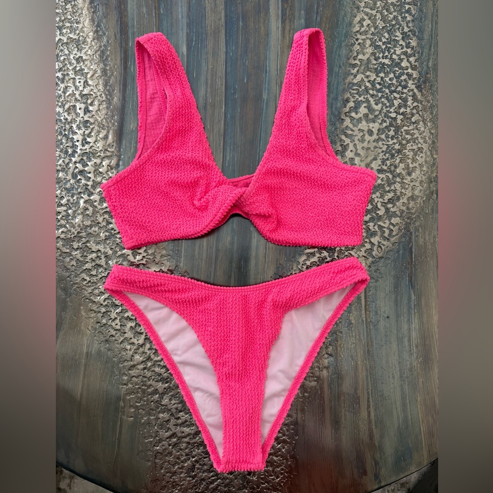 SHEIN Pink Bikini Swimsuit size small hot pink textured twist front